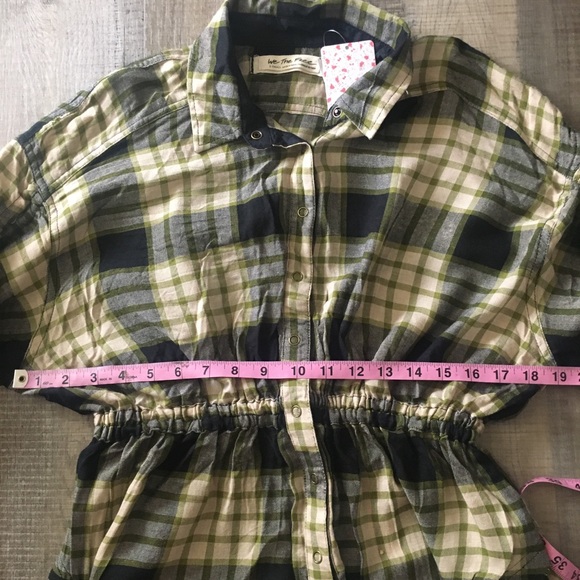 free people pacific dawn plaid green black button up top cinched peplum NWT - Picture 4 of 7